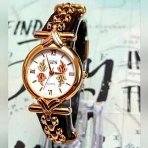 SDG 12K Black Hills Gold Watch For Women W/ Chain Link Embellished Leather Band